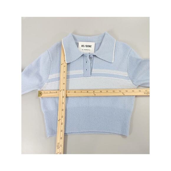 RE/DONE 60s Shrunken Polo Top Medium Pale Blue Striped Cropped Knit Mod - Picture 14 of 16